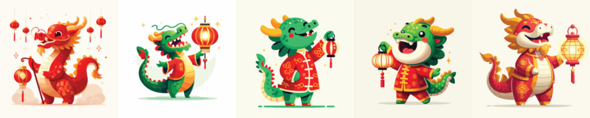 Obraz premium vector dragon characters dressed in Chinese New Year