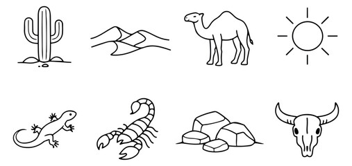 Hand drawn line art desert elements set featuring a cactus, sand dunes, camel, sun, lizard, scorpion, rocks, and bull skull for desert nature