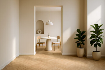 Fototapeta premium Minimalist modern interior with light wood herringbone flooring, cream walls, round dining table, sculptural chairs, pendant light, and potted plants, symbolizing elegance, simplicity, and contemporar