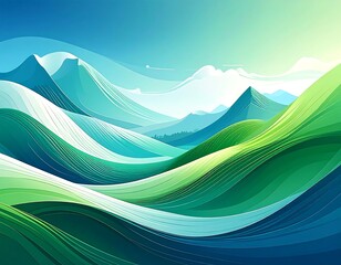 An illustration depicts rolling, abstract landscapes under a bright sky. Layers of mountains in gradient blues and greens flow gently