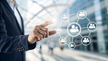 Business professional interacting with virtual network of people icons