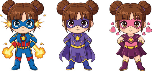 Set of Cute Chibi Superhero Girl Characters Wearing Masks and Capes with Different Costumes for Justice Power Love and Kids Birthday Party Invitation Design