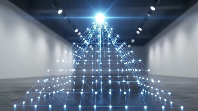 Abstract futuristic pyramid of interconnected nodes and glowing lines symbolizing data networks technological innovation and complex systems in a modern architectural setting