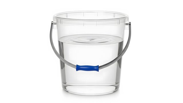 Transparent plastic bucket filled with clean, refreshing water, ideal for household chores and various utility tasks