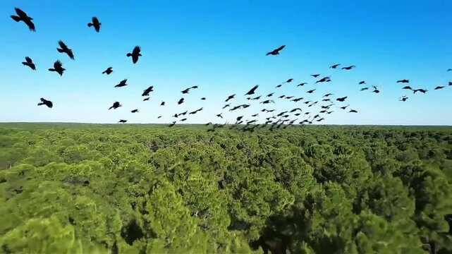 Aerial view of a lush green pine forest with a flock of birds soaring across a clear blue sky evoking feelings of freedom and natural beauty
