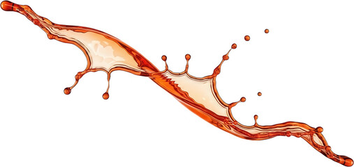 Dramatic splash of translucent amber liquid resembling juice or tea captured mid air forming elegant fluid shapes and droplets drink orange brown water transparent background