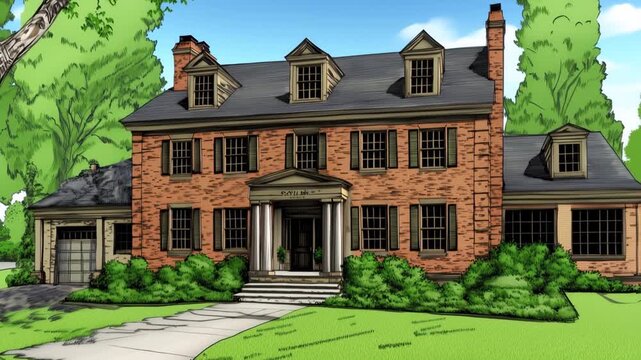 Illustration of a classic brick colonial federal house with dormer windows, surrounded by lush greenery and a clear blue sky.