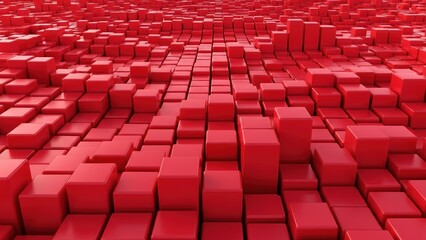Naklejka premium A digital landscape featuring an abstract pattern generic glossy red cubes rising and falling in depth.