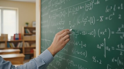 A teacher using chalk to solve complex math equations on a school blackboard during a study lesson.