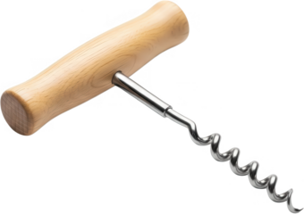 A classic style corkscrew featuring a smooth light colored wooden handle attached to a polished stainless steel spiral worm wine opener metal tool sommelier transparent background