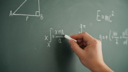 Hand writing a math equation with chalk on a school blackboard during a math education lesson
