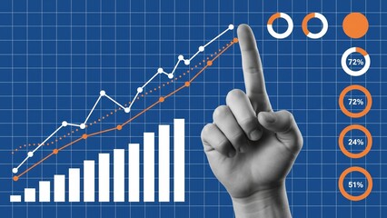 Hand pointing with generic at digital data analysis charts illustrating business growth trends on blue grid background