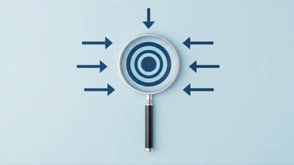 Magnifyingglass focusing on a clear target with arrows pointing inward on a light blue background