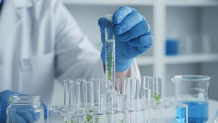 Scientist wearing blue gloves holding a testtube with a plant in chemical solution during plant research in laboratory