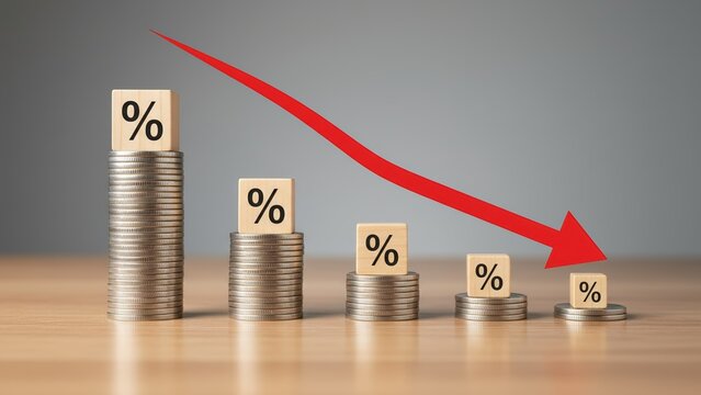 Stacked coins with wooden blocks showing interest rates decline under a downward red arrow on a wooden surface