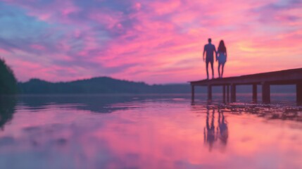 Fototapeta premium Couple walks on dock at lake during sunset with colorful sky and water