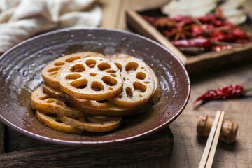 Traditional Marinated Lotus Root Slices Closeup