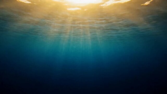 Sunlight piercing through the clear blue ocean surface, creating beautiful light rays underwater.