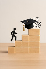A person climbing wooden blocks symbolizing education progress with a graduation cap and target at the top.