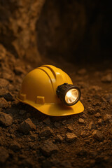 Fototapeta premium A yellow helmet with a lamp resting on rocky ground inside a dark mine for mining safety.
