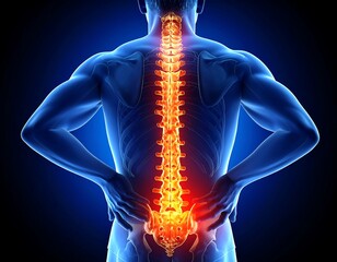 Anatomical illustration of a human torso, spine highlighted in vibrant red/orange, indicating pain. Background dark blue