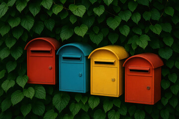 Colorful mailboxes in red, blue, and yellow stand out against lush green leaves on a quiet street.