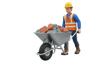 Construction worker pushing wheelbarrow filled with bricks and stones