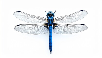 Macro shot of a blue dragonfly insect with fragile wings and a slim body isolated on a white background for a nature and wildlife closeup