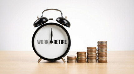 Classic black clock showing retirement time with stacked coins symbolizing money and retirement planning progress