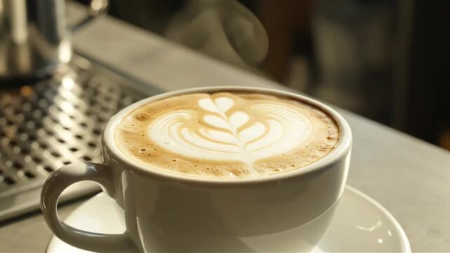 Close-up of a beautifully crafted latte art design on a creamy cappuccino in a white ceramic cup showcasing artisanal coffee preparation and a cozy cafe atmosphere