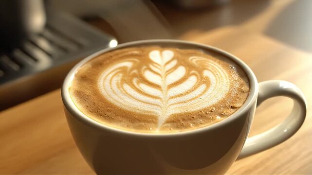 Close-up of a latte art heart design in a ceramic cup showcasing intricate foam patterns and warm lighting for a cozy coffee shop aesthetic