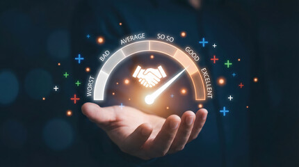 Hand presenting a quality rating meter with a handshake symbol generic trust and excellent service