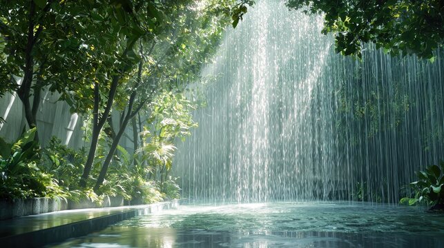 A beautiful indoor rainforest scene with a powerful artificial waterfall cascading into a serene pool, surrounded by lush green foliage and dappled sunlight.