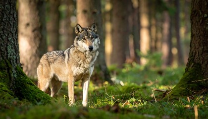 A majestic wolf stands alert in a vibrant forest, sunlight dappling through the trees