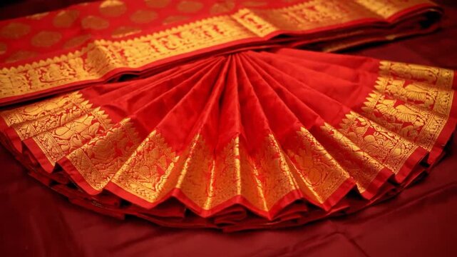 Red Saree with Golden Border Fan-Shaped on Fabric Surface Close-Up View