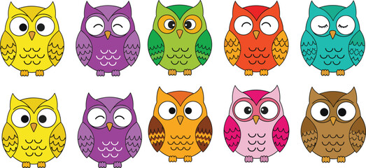 Obraz premium Cute colorful owl character set with different expressions, cartoon bird collection flat vector illustration for kids