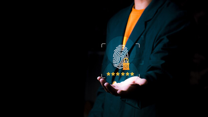 Advanced biometric authentication concept with a person holding a glowing fingerprint icon and password lock, Ideal for cybersecurity, digital identity protection and secure data access technology.