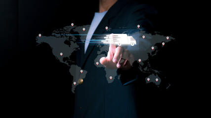 Businessman touching a fast delivery truck icon over a world map background. Logistics global supply chain management, international shipping, and smart transportation technology concept.