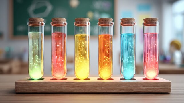 STEM classroom, test tubes with glowing liquid, kids curiosity concept, modern 3D illustration. - Powered by Adobe