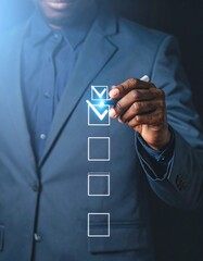 An individual in a suit is using a digital pen to check boxes on an illuminated checklist, a concept for progress