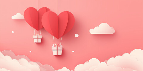 Obraz premium Romantic heart balloons floating with gifts in pink sky