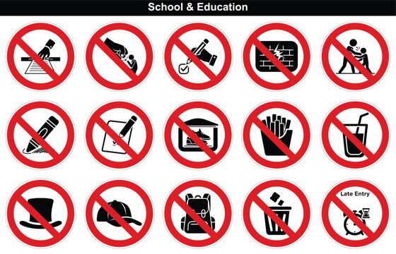 Grid of school and education prohibition signs promoting a disciplined learning environment for students