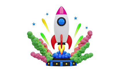 3D Rocket Launch with Colorful Smoke and Stars