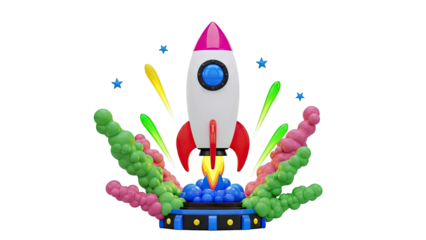 3D Rocket Launch with Colorful Smoke and Stars