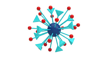 Abstract Molecular Structure with Blue Spikes and Red Spheres