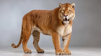 Obraz premium Large extinct sabertooth tiger standing in three-quarter view, showcasing its powerful stance and striking features against a neutral background