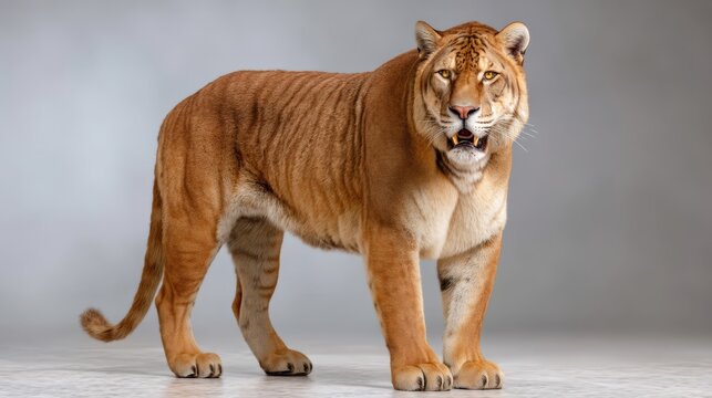Large extinct sabertooth tiger standing in three-quarter view, showcasing its powerful stance and striking features against a neutral background