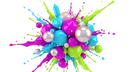 Vibrant and Playful Explosion of Polygons, Spheres, and Paint Splashes, a Dynamic Abstract Composition in Bright Hues