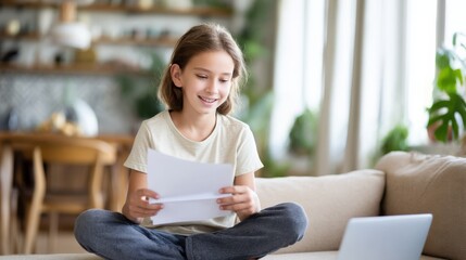 Young girl is sitting on a couch, smiling while holding papers, with a laptop nearby, showcasing a joyful learning experience at home