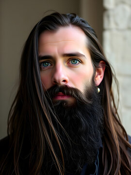 Hombre guapo con barba oscura y cabello largo en sesi&oacute;n fotogr&aacute;fica
